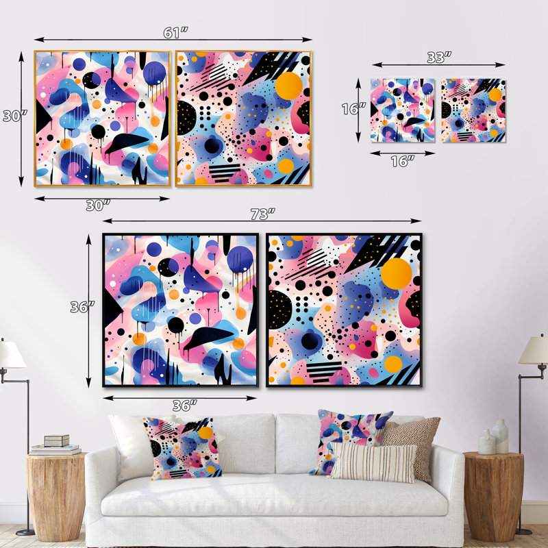Mauve et rose Designer Dot and Waves II - Ensemble de 2 collages abstraits carrés, Cadre flottant noir, H 36 po x l 73 po