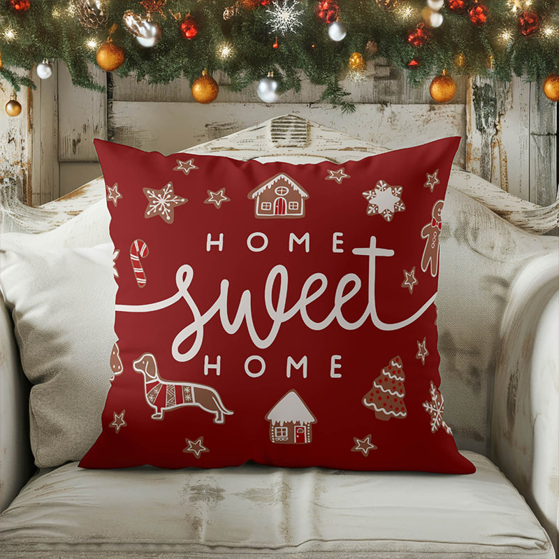 Coussin décoratif Gingerbread Home Sweet Home, Rouge, Carré 16 po