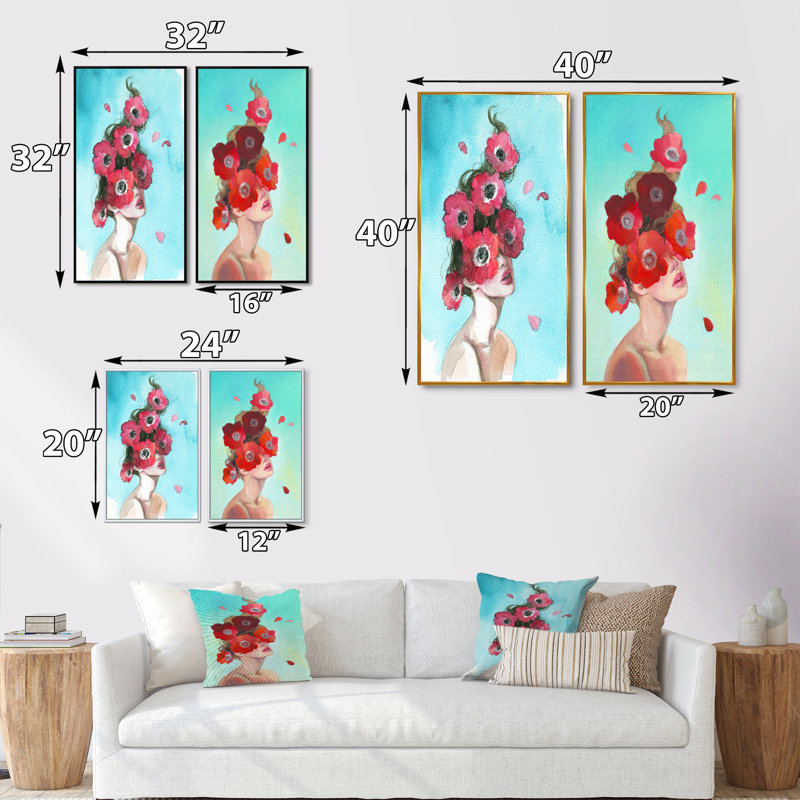«Glamourous Floral Woman Portrait», ensemble de 2 peintures sur toiles, H 20 po x l 24 po x P 1 po, Cadre flottant doré