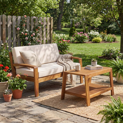 Ensemble de conversation d'extérieur en bois d'acacia 2 pièces - causeuse et table basse avec coussins résistants à l'eau, capacité de 350 lb pour le patio, la terrasse et la cour
