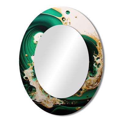 Emerald Green And Gold Abstract Waves I - Green Oval Wall Mirror Decor