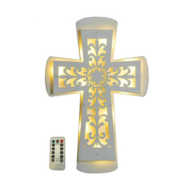 Wooden LED Wall Cross with Remote Control, Battery Powered Christian Lighted Cross Decor with Multiple Lighting Modes for Home Church Religious Wall Art Gift