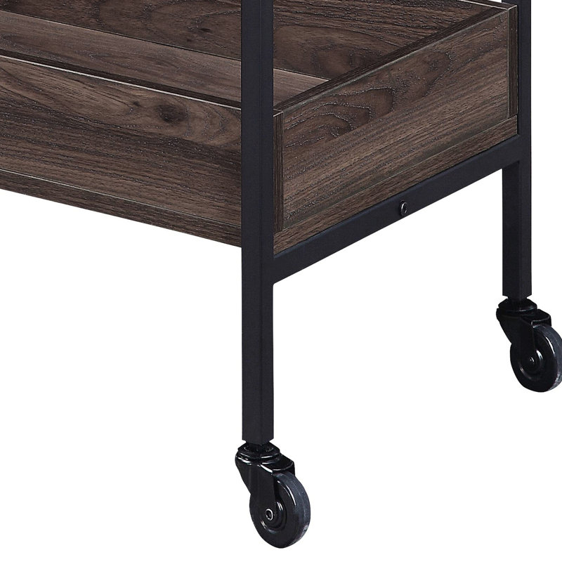 Élégant chariot de service en noyer et noir, 2 tablettes, porte-gobelet, fabrication stable en bois