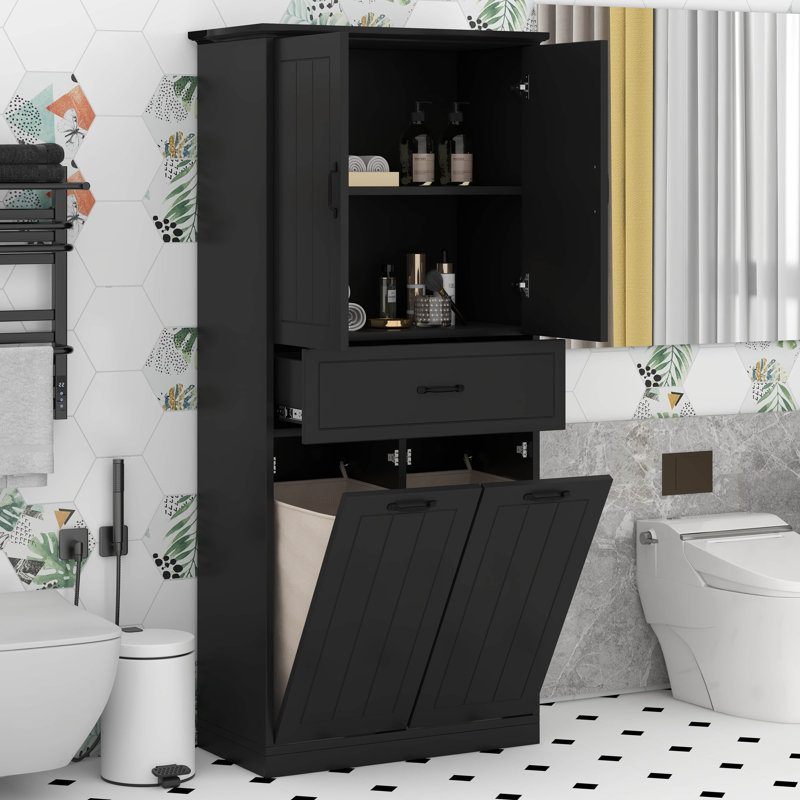 Armoire de rangement haute pour salle de bain avec 2 paniers à linge, armoire de salle de bain en bois avec portes et tiroir, tablettes réglables