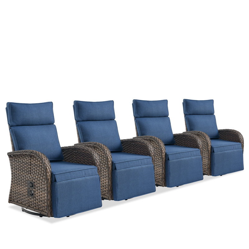 Serita Outdoor All-Weather PE Wicker Adjustable Reclining Lounge Chair With Cushions, Swivel Recliner Chair, Blue, Brown