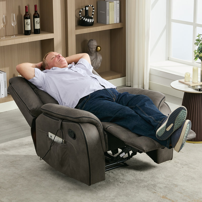 Abbagail 38.9" Wide Overstuffed Faux Leather Manual Recliner with Massage and Heating, Gray