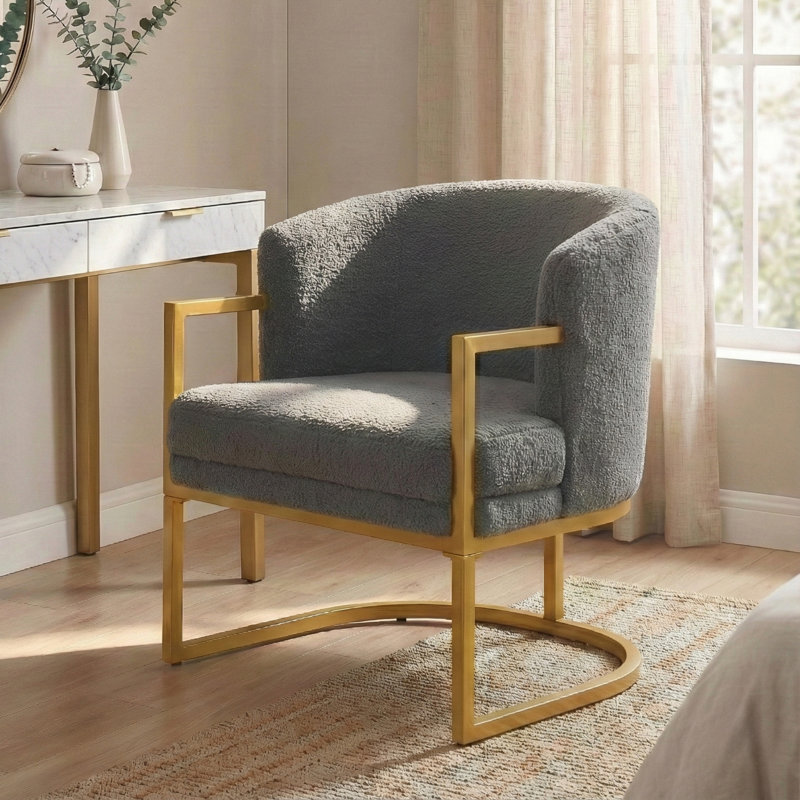 Fauteuil d'appoint moderne et confortable, fauteuil de lecture rembourré avec structure en métal doré, gris, pour salon, chambre ou bureau