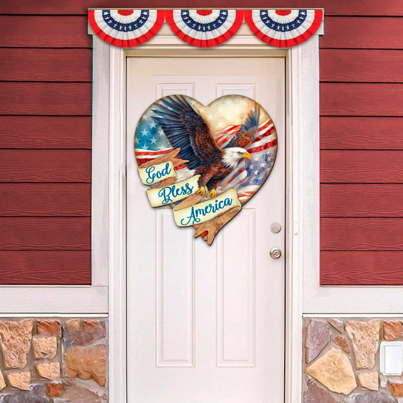 God Bless America Patriotic Eagle Heart Decorative Holiday Door Décor by G. DeBrekht, 12" H x 12" W x 1" D