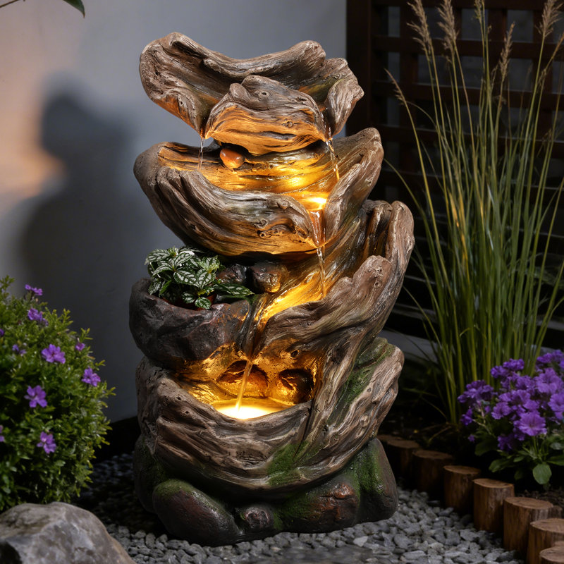 4-tier Cascading Outdoor Water Fountain, 25.2" H Realistic Tree Trunk Garden Waterfall Fountains For Outside, Water Fountain Outdoor With Lights For Patio, Yard, Deck, Porch And Home Decor