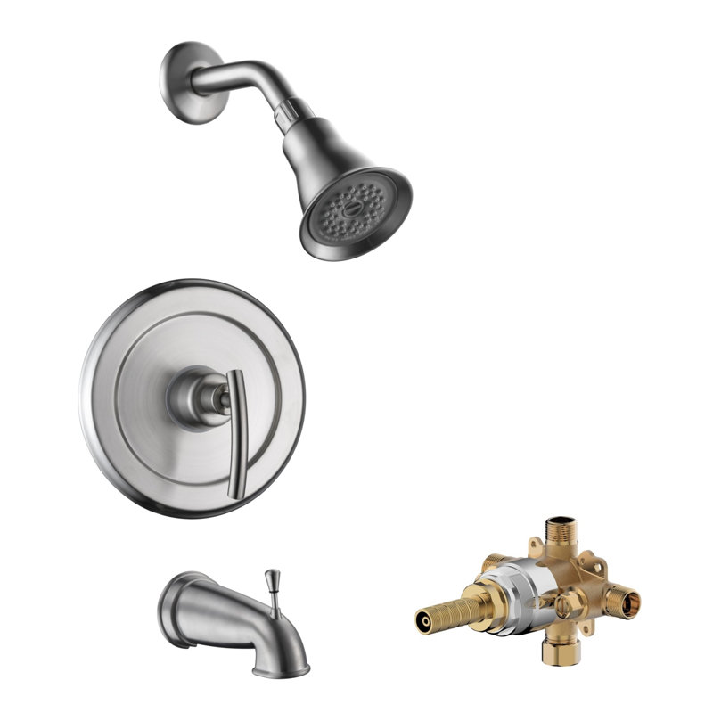 Kree Sweep Shower Trim System: 3.25" Round Shower Head, Single Handle Set, Tub Spout & Rough-in Valve Included - Brushed Nickel