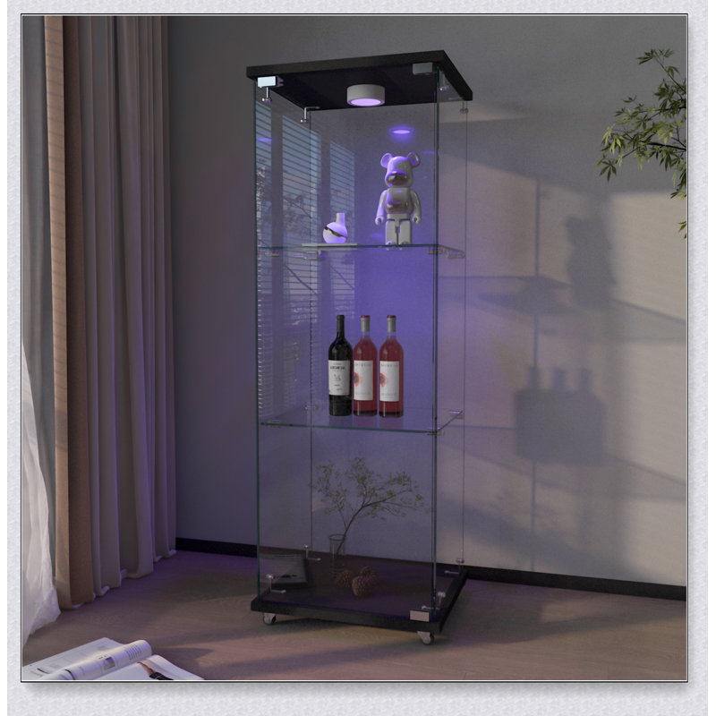 Modern Glass Display Cabinet with LED lights, Quick-assembly Antique Cabinet, Tempered Glass Bookshelf, Suitable for Living Room and Bedrooms, 1-door 3-shelf