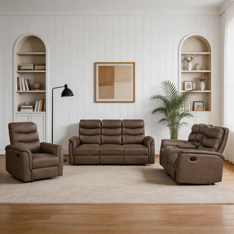 Ensemble de canapé de salon inclinable manuel en microfibre poli 3 pièces avec console centrale Ardyn, Brown