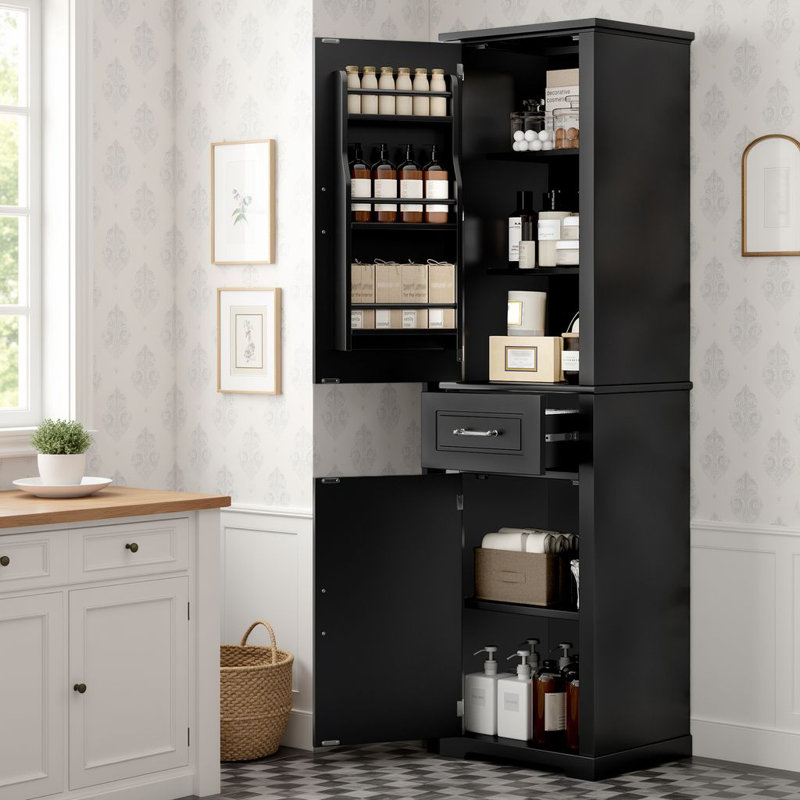 Modern Tall Bathroom Cabinet, 72"H Freestanding Storage Tower With Door Shelves, Drawer & Adjustable Shelves, Black