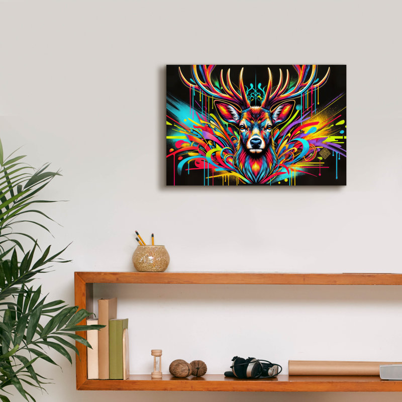  «Deer - Vivid Graffiti» par Rey Klimt, art mural sur toile, 18 po x 12 po, H 12 po x l 18 po x P 0,75 po