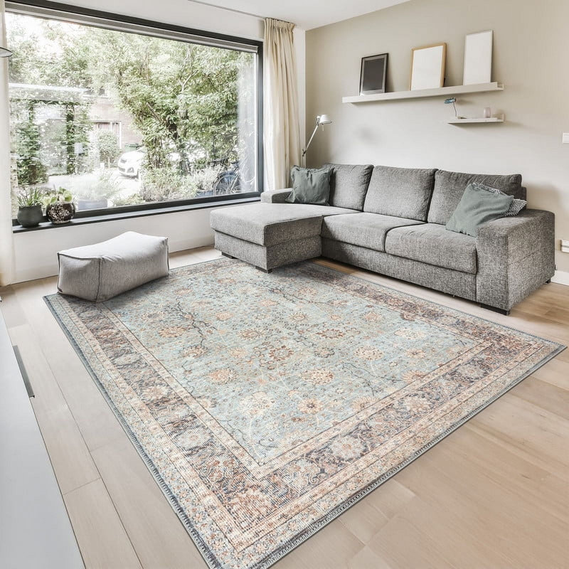 GLN Rugs Traditional Collection - Machine Washable Area Rug, Traditional Washable Rug, Non Slip Washable Rug, Low Pile Chenille Living Room Rug, Bedroom Rug, Kitchen Rug (Blue Floral Rug)