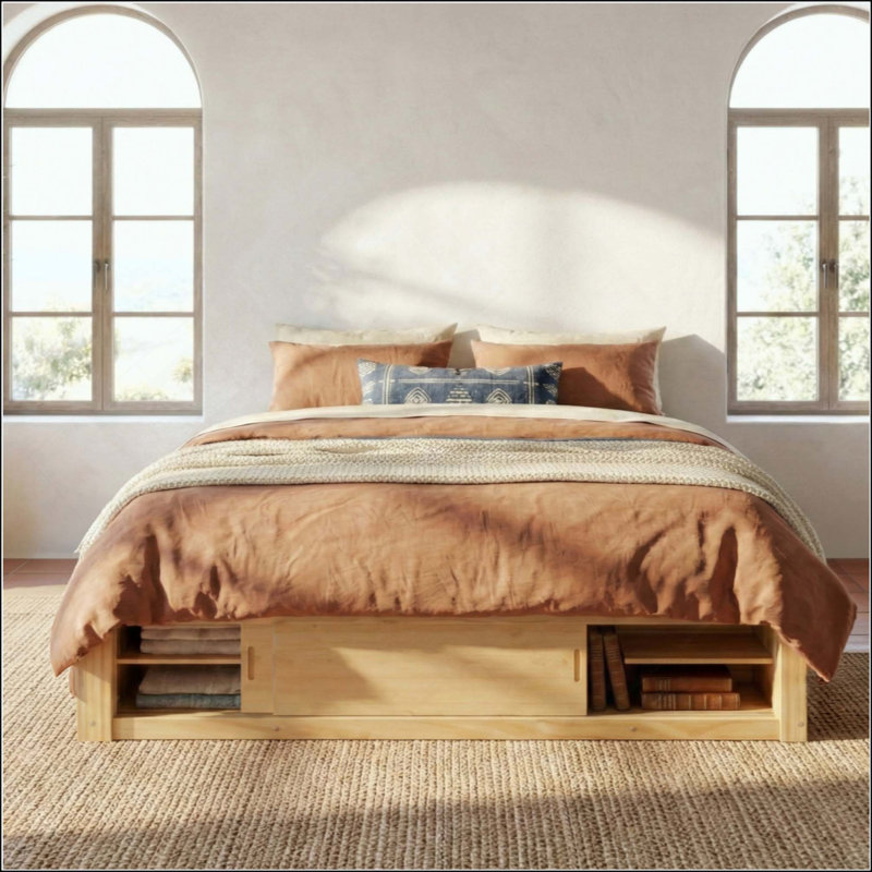 Platform Bed Frame With 4 Storage Drawers And Footboard Storage Cubby, No Headboard, Modern Space-Saving, Natural