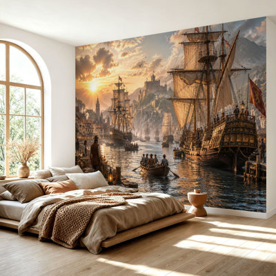Papier peint adhésif peler et coller Historic Harbor City Sailing Ships Golden Sunset Coastal Médiévale, papier auto-adhésif amovible, décoration murale pour salon