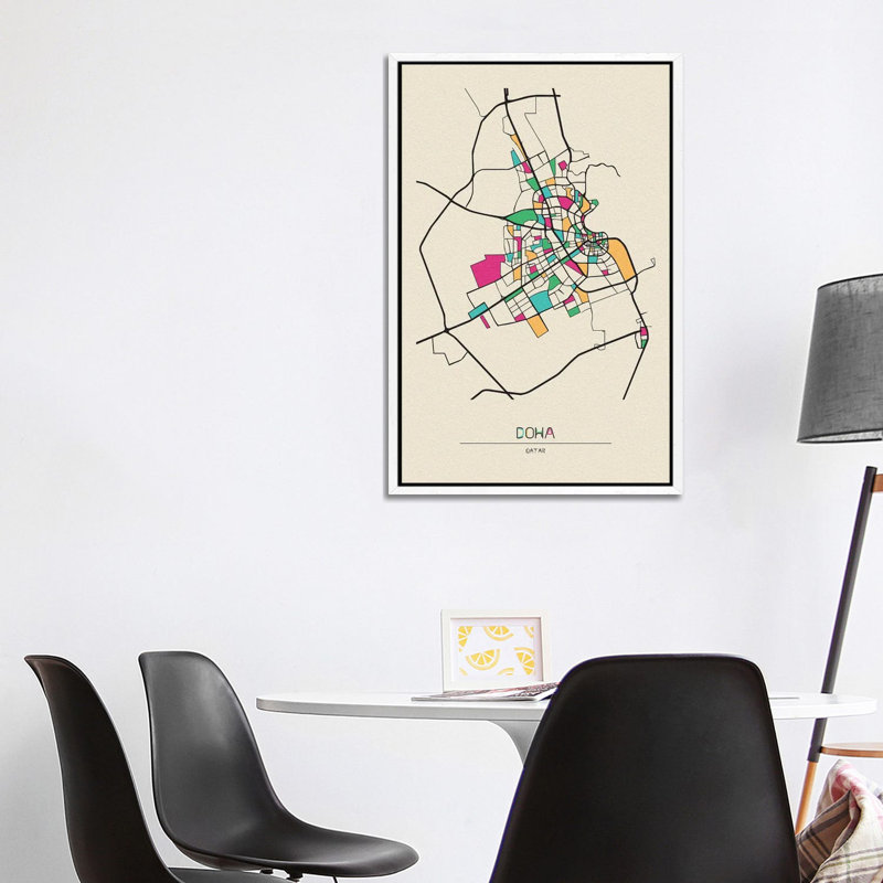 Doha, Qatar Map by Ayse Deniz Akerman - Floater Frame Print on Canvas, 101.6 cm H x 66.04 cm W, White Floater Frame