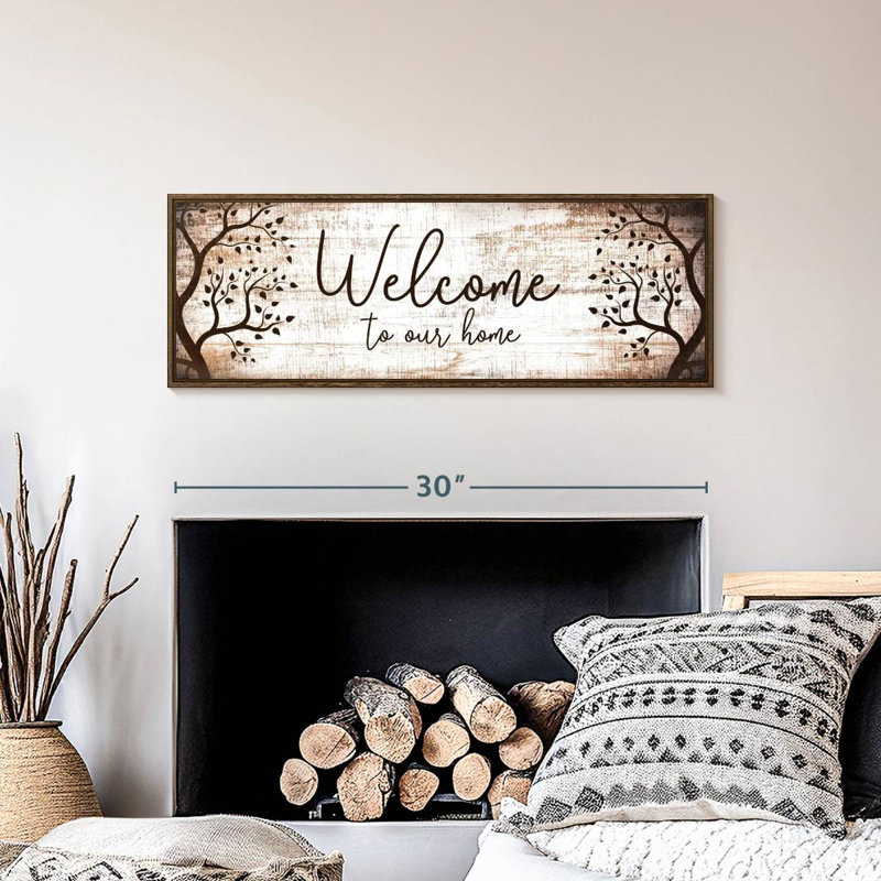 Bienvenue chez nous, typographie I, 31 po x 11 po, Cadre flottant noyer