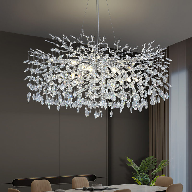 14-Light 39" Dimmable Tree Branch Crystal Chandelier Round Pendant Lights for Dining Room, Silver