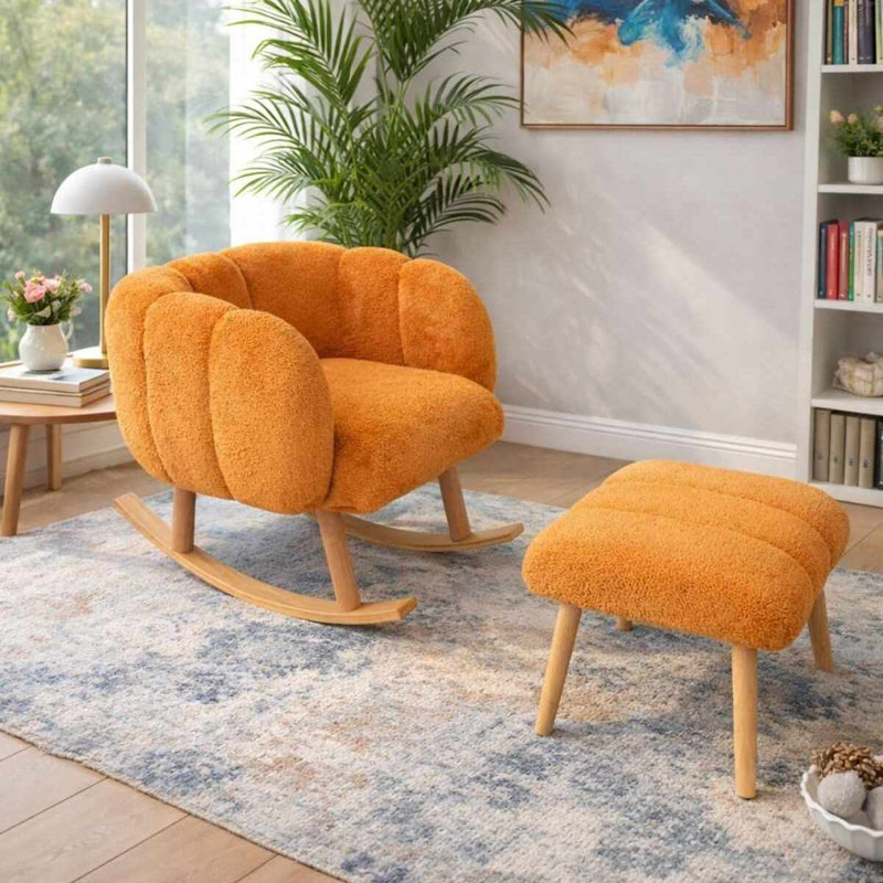 Ensemble de fauteuil à oreilles et pouf (2 pièces), Orange Polyester Blend