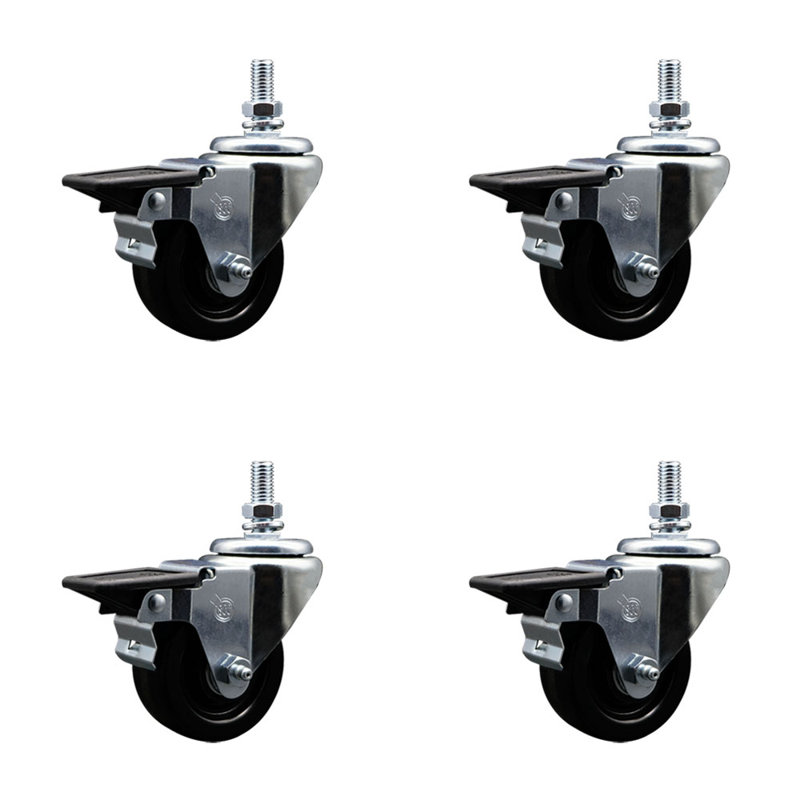 3 Inch Phenolic ½ Inch Threaded Stem Caster Set with Brake