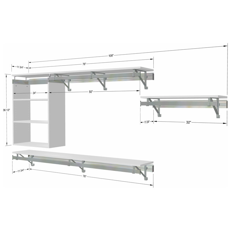 3-Piece Closet System: Double Shelf-Hang with Cubby and 32" Long Hang, Silver/White Wood, 36.5" H x 108" W x 12.25" D