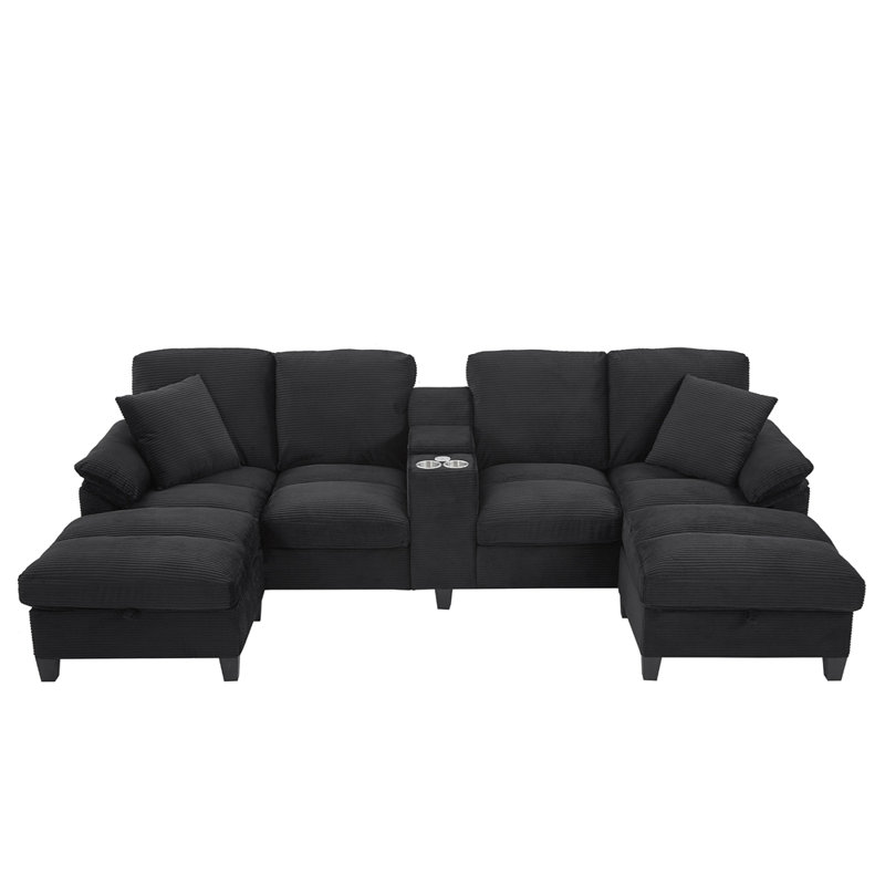Canapé modulaire moderne en forme de U avec canapé rembourré en velours côtelé de 116,9 po avec repose-pieds, porte-gobelets et ports USB