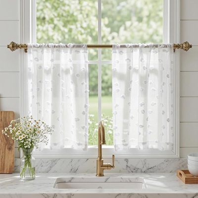 White Sheer Curtains,2 Panels Light Filtering Semi Sheer with Pom Pom,Kitchen Curtains Over Sink Short Tier Half Curtains Cafe Decor,Rod Pocket