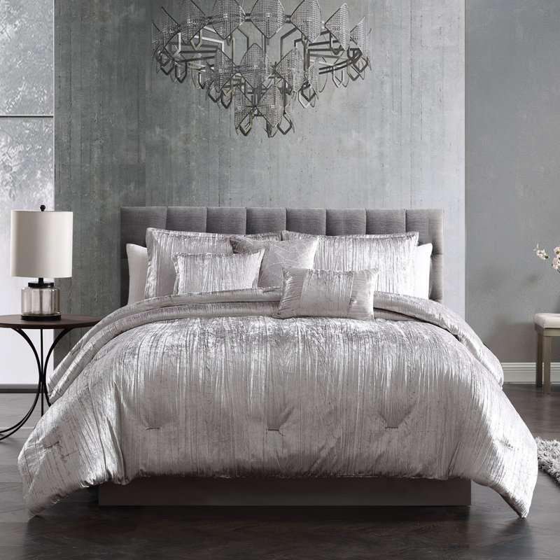 Turin Reversible Comforter Set, Silver, Twin Comforter + 6 Additional Pieces