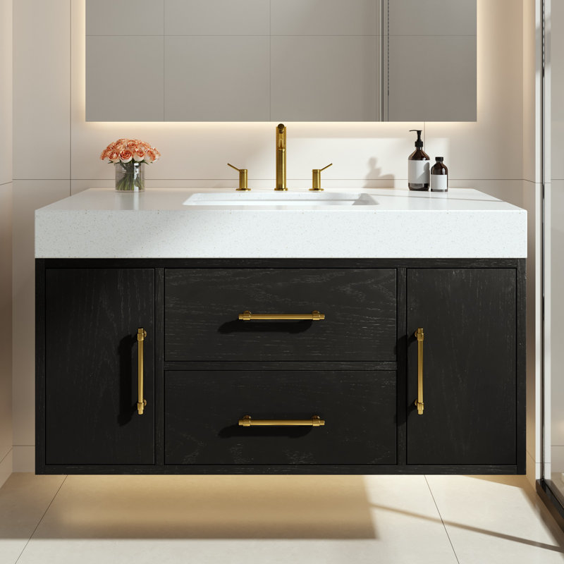  40" Single Bathroom Vanity With Engineered Quartz Top And Ceramic Sink, Black
