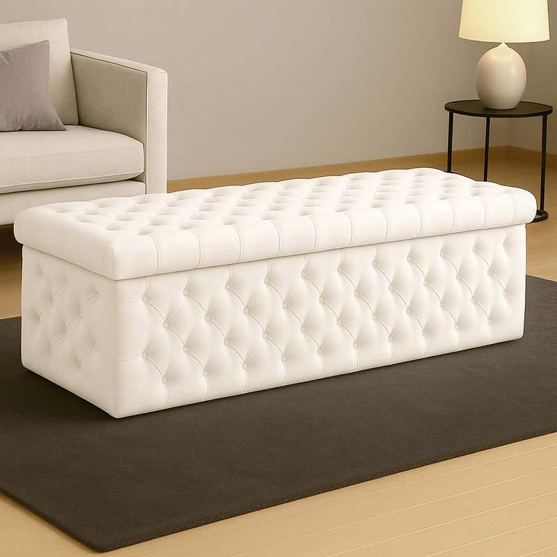 Lux Wide Velvet Chesterfield Rectangle Solid Color Standard Ottoman Box with Storage, 137cm W x 42cm D x 40cm H, White