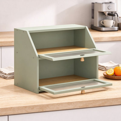 Boîte à pain en bambou pour comptoir de cuisine, grand rangement pour pain en bois à double couche, couvercle en verre ondulé en acrylique, support à pain vert pour pains, petits pains et muffins