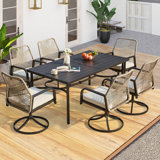 7-piece Outdoor Patio Dining Set, 6 Woven Rattan Swivel Chairs With Cushions & Metal Slat Table With 1.96” Umbrella Hole, All-weather Patio Dining Set For Garden Or Deck