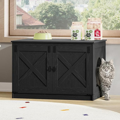 Cat Litter Box Enclosure with Cushion, Hidden Litter Box Furniture with Removable Dividers, Reversible Entrance Left or Right Side, Cat House, Black