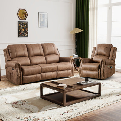 2-Piece Faux Leather Nailhead Power Reclining Living Room Set With Massage Recliner & Power Reclining Sofa