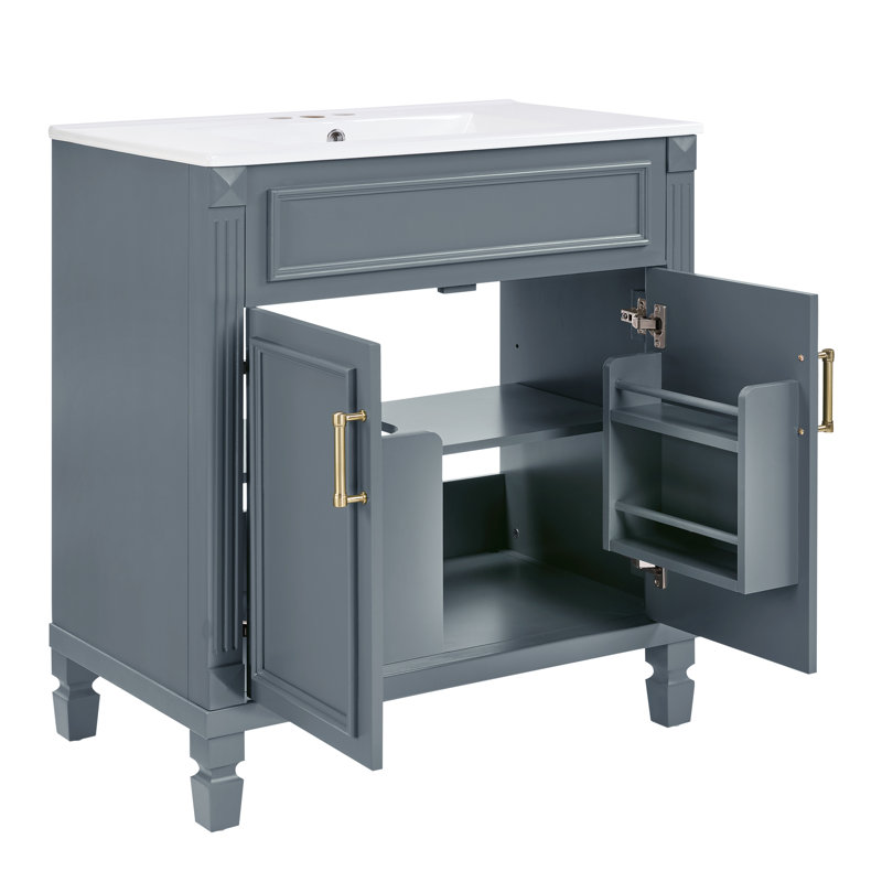 Classic 30 Inch Bathroom Cabinet Ceramic Basin Vanity, Light Blue/Gold