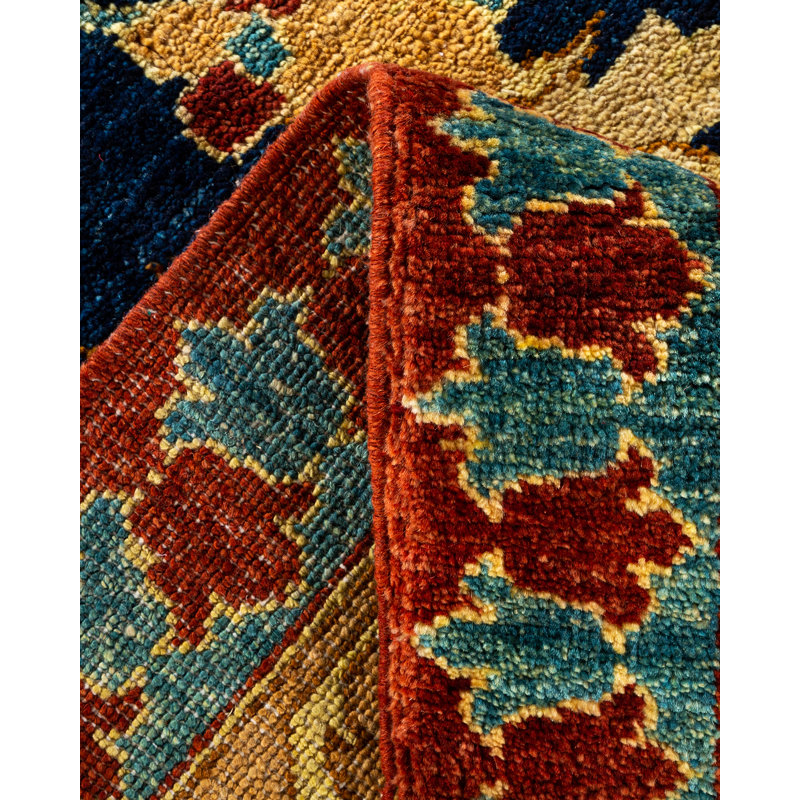 Tapis bleu / brun / beige en laine noué à la main de conception unique 12 pi 3 po x 17 pi 4 po New Age