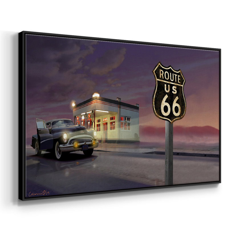 Route 66 - reproduction sur toile avec cadre flottant, H 25 po x l 37 po x P 2 po, Noir