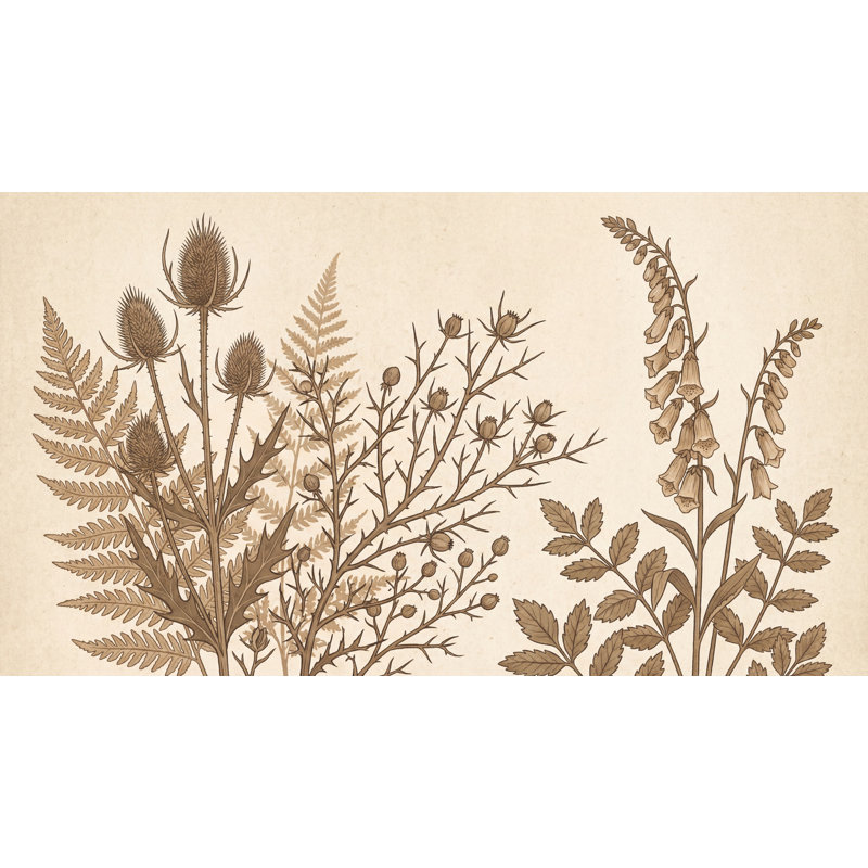 Papier peint botanique rétro avec sépia fougère, 100 po x 96 po, Peler et coller
