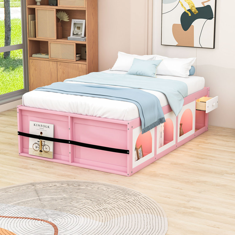 Lit plateforme en bois avec étagères intégrées et éclairage à DEL, Blanc rose, Lit double