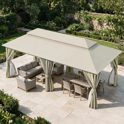 20 pi L 10 pi. D Pavillon de jardin en acier avec double toit souple, rideaux et moustiquaire