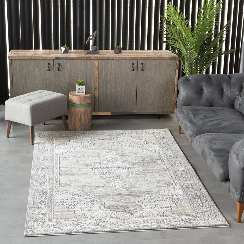 Tapis oriental gris rectangulaire en polyester tissé à la machine Johnluis, Rectangle 9 pi 4 po x 13 pi 1 po
