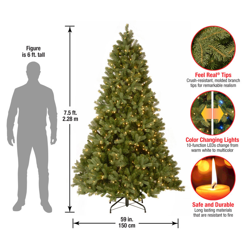 Downswept Douglas 10" Green Fir Artificial Christmas Tree with 1000 LED Multi Lights and Stand, 7.5' H x 59" W, Not Pre-Lit