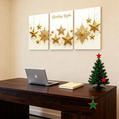 Étoiles dorées et flocons de neige, art mural sur toile, ensemble de 3 décorations des Fêtes