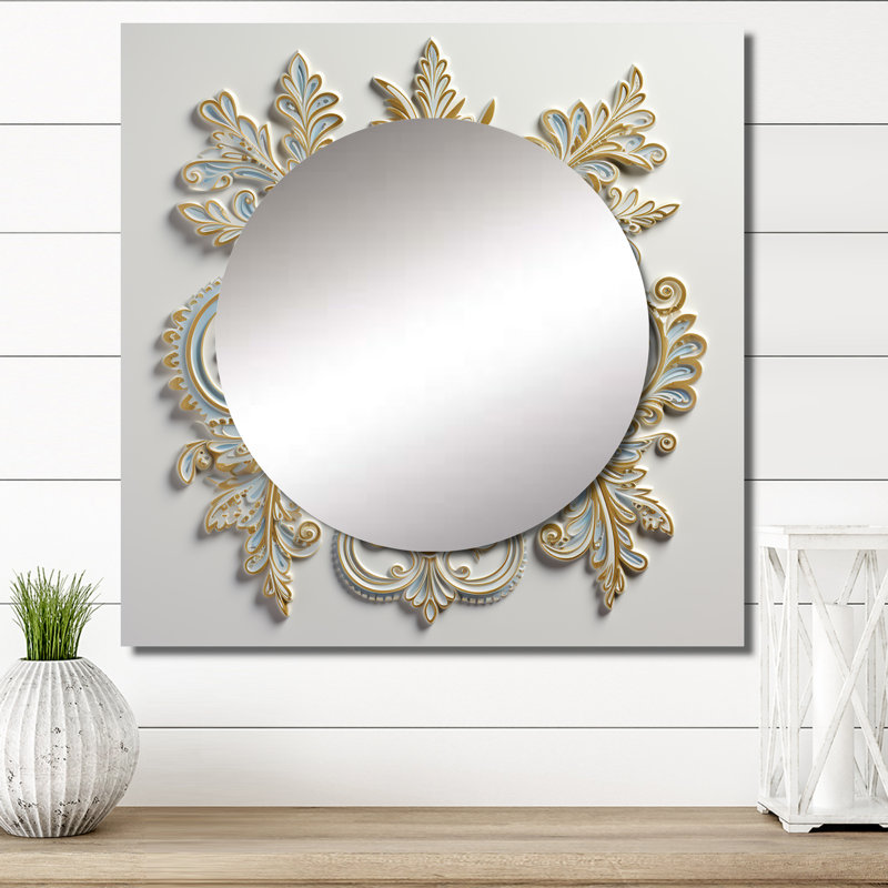 Arrangements floraux bohémiens blancs et bleus - miroir carré abstrait botanique pour décoration murale, 29 po x 29 po