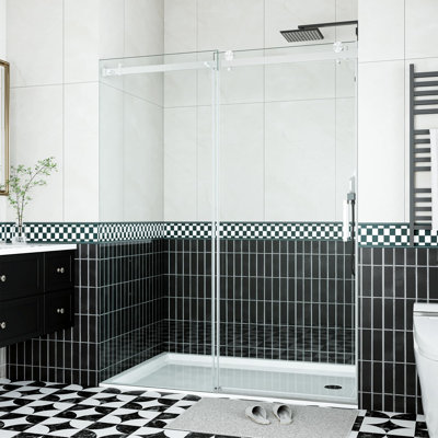 Frameless Sliding Shower Door – 56-60x76 in, 8mm Clear Tempered Glass, Easy-Clean, Explosion-Proof Film, Waterproof Seal, Brushed Nickel, Modern Stainless Steel Rollers – 76*60“ Brushed S05-11Y