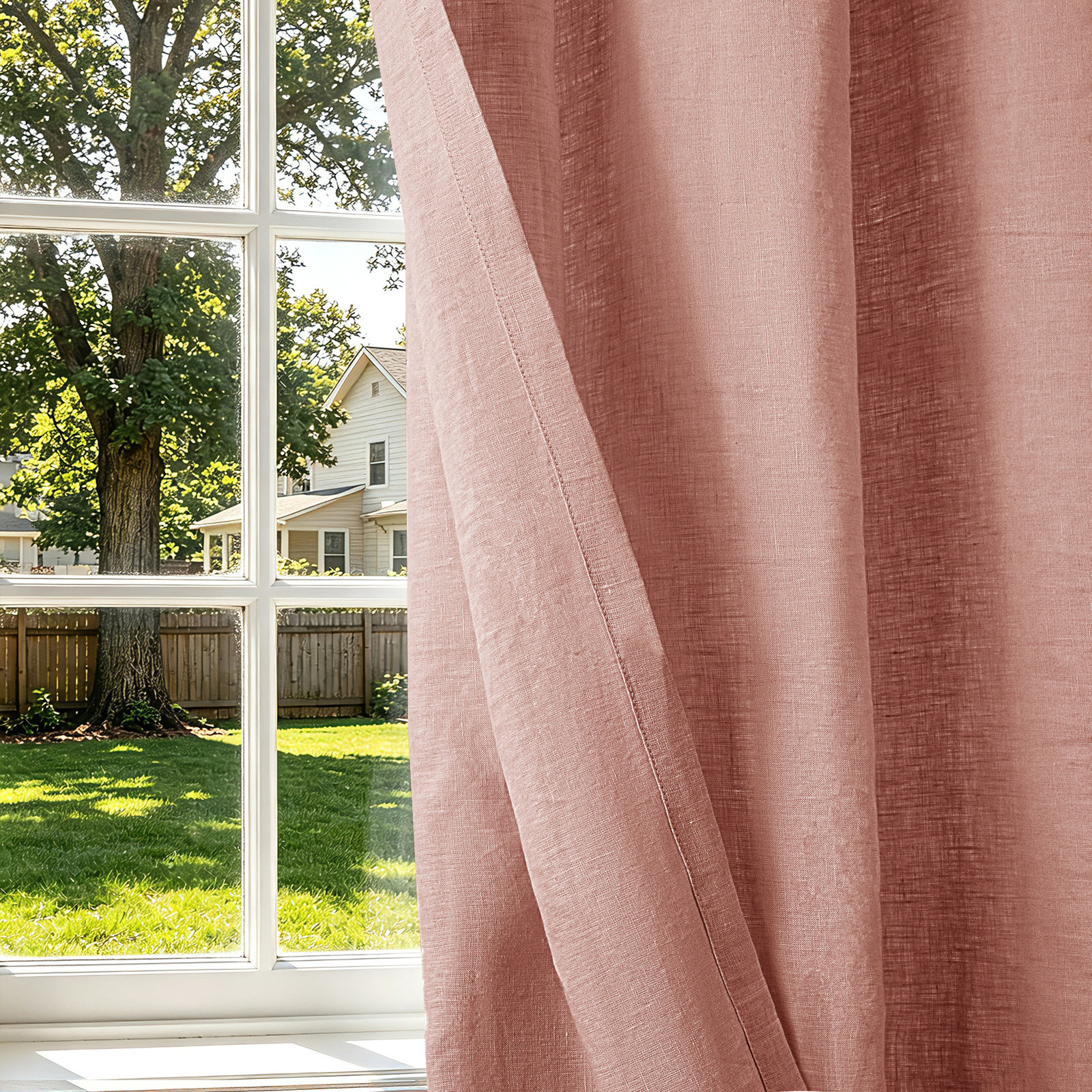 100% French Linen Semi Sheer Back Tab Curtain Panel, Misty Rose, 50" W x 96" L