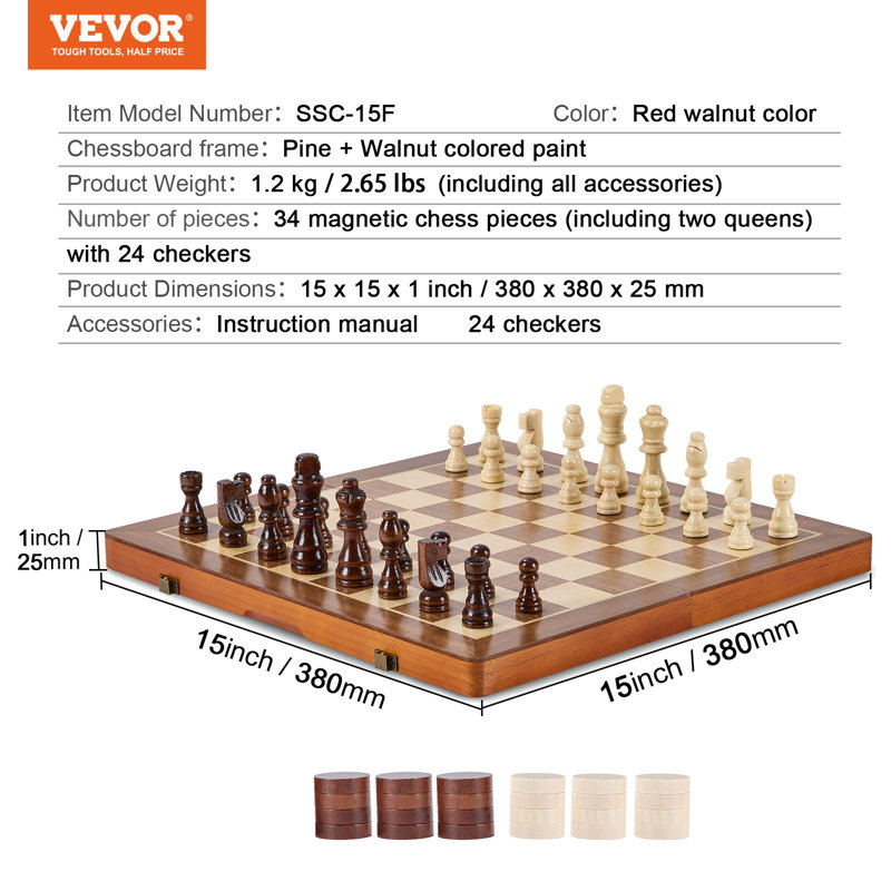 Jeu d'échecs en bois magnétique VEVOR, 15 po