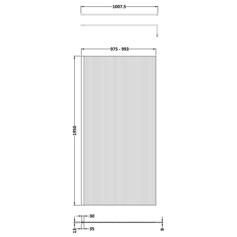 Fluted 1950mm H Frameless Wet Room Screen with Glass, 993 cm